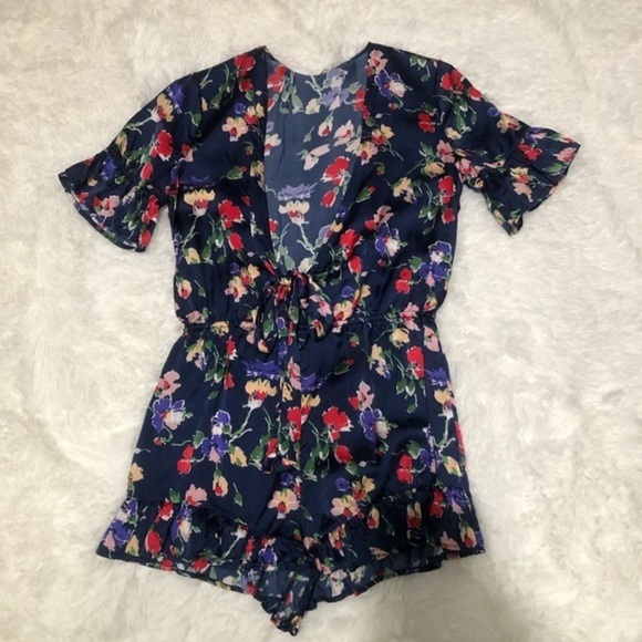 Tularosa Blue Satin Floral Tie Front V Neck Short Sleeve Romper - Picture 15 of 15